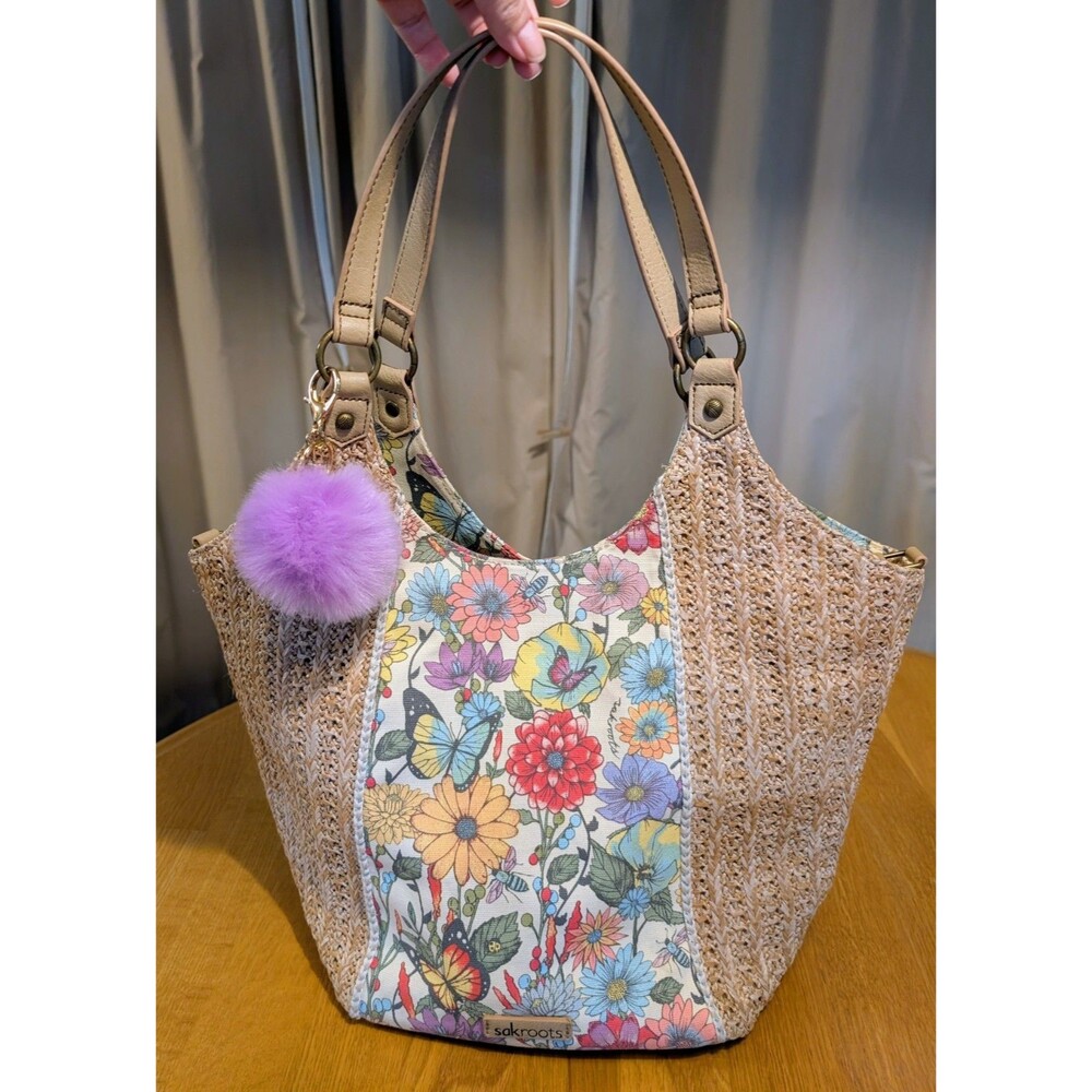 NWOT Sakroots Roma Straw Shopper Bag  colorful floral print With pom-pom charm